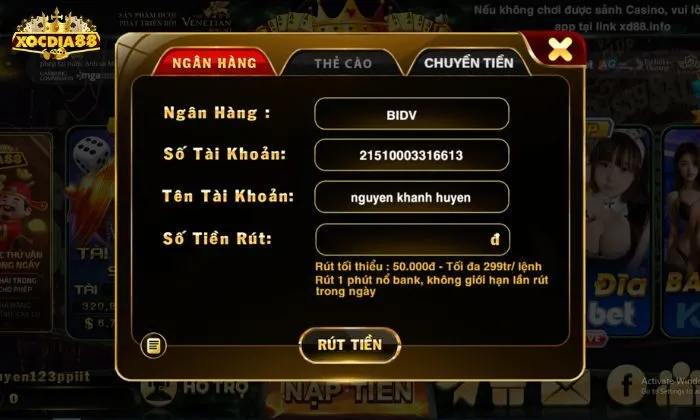 Điền thông tin và thực hiện lệnh rút tiền Xocdia88